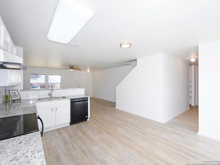 Interior, Kitchen, Tile Countertops, Wood Texture Flooring