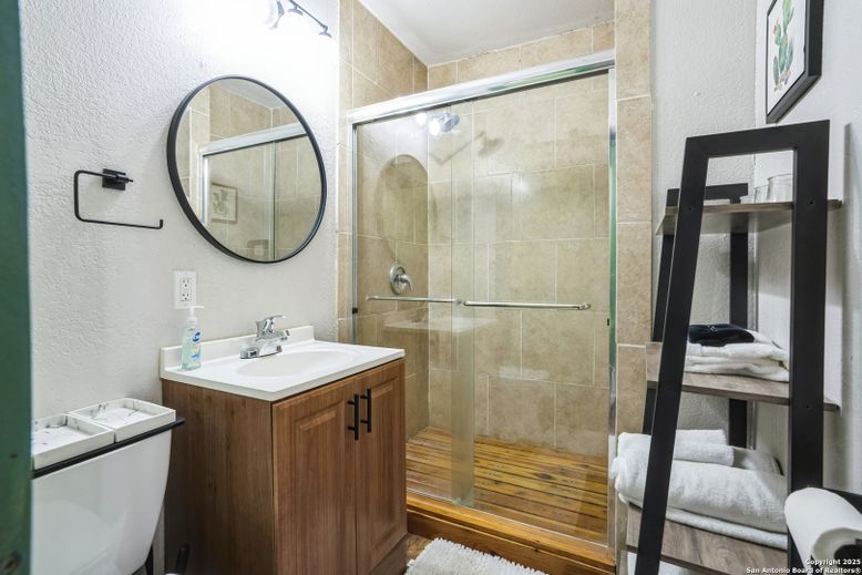 Bathroom, Glass Shower, Interior, Wood Texture Flooring