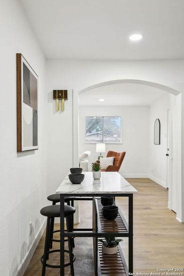 Dining room, Interior, Recessed Lighting, Wood Texture Flooring
