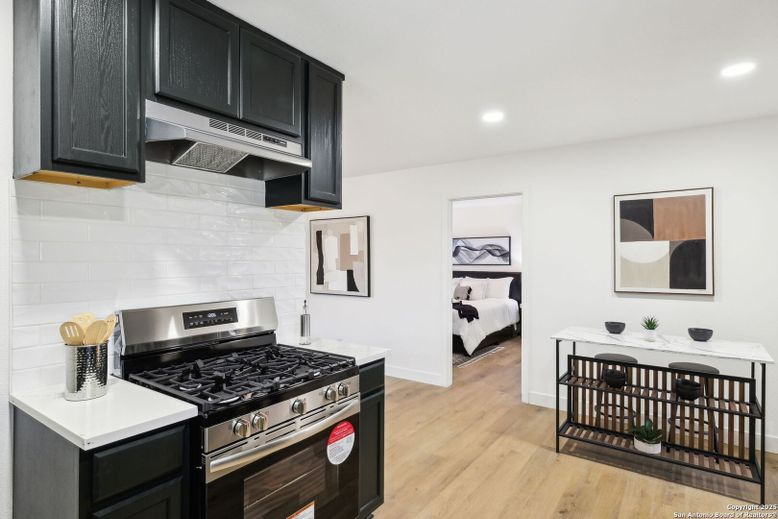 Bedroom, Interior, Kitchen, Living room, Recessed Lighting, Stainless Steel Appliances, Wood Texture Flooring
