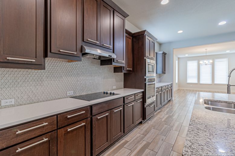 Chandelier, Interior, Kitchen, Pendant Lights, Recessed Lighting, Wood Texture Flooring