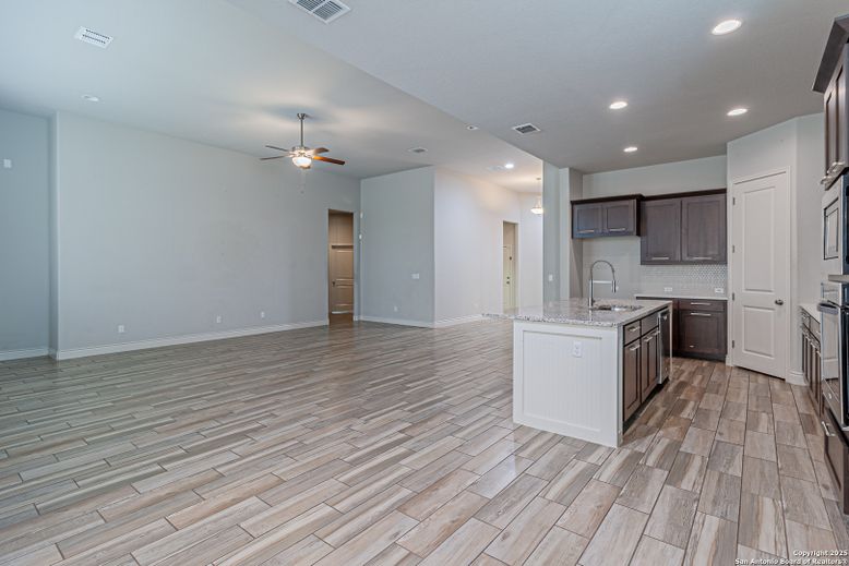 Empty room, Interior, Kitchen, Recessed Lighting, Wood Texture Flooring