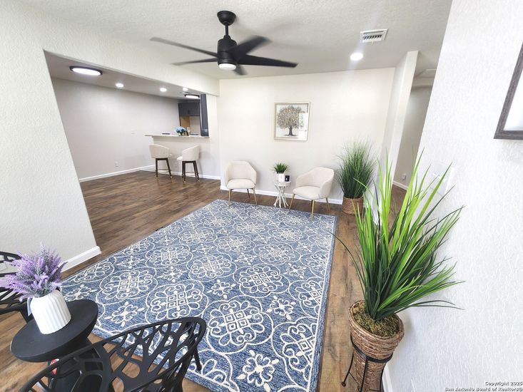 Dining room, Interior, Recessed Lighting, Wood Texture Flooring
