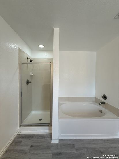 Bathroom, Glass Shower, Interior, Recessed Lighting, Wood Texture Flooring