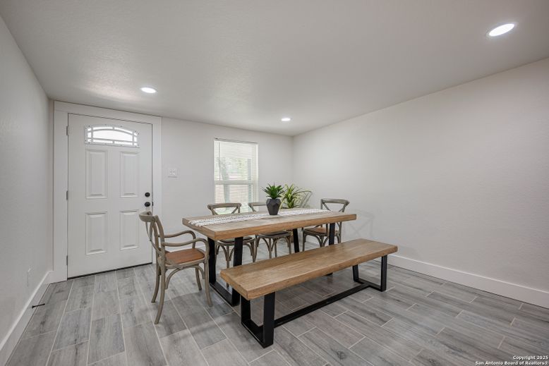 Dining room, Interior, Recessed Lighting, Wood Texture Flooring
