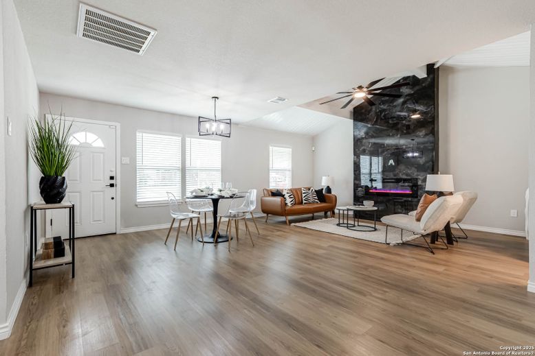 Dining room, Interior, Living room, Pendant Lights, Wood Texture Flooring