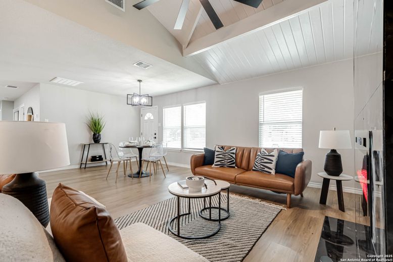 Dining room, Interior, Living room, Pendant Lights, Wood Texture Flooring