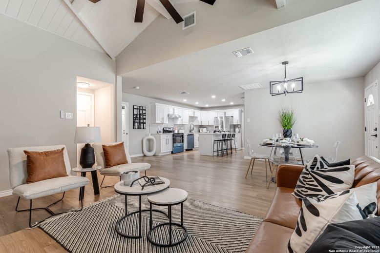 Dining room, Interior, Kitchen, Living room, Pendant Lights, Recessed Lighting, Stainless Steel Appliances, Wood Texture Flooring