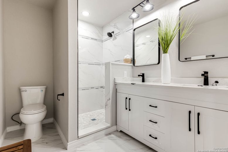 Bathroom, Glass Shower, Interior, Marble, Marble Walls, Recessed Lighting