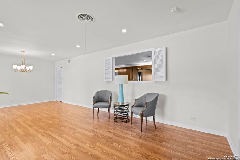 Chandelier, Empty room, Interior, Recessed Lighting, Wood Texture Flooring