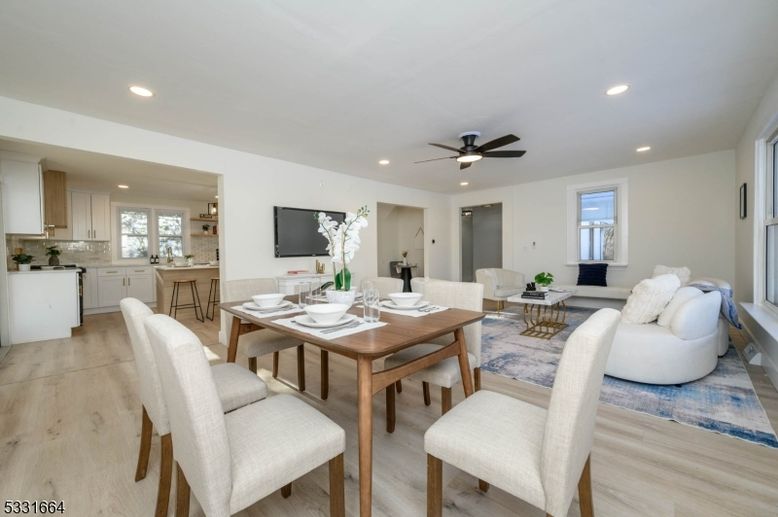 Dining room, Interior, Kitchen, Living room, Recessed Lighting, Wood Texture Flooring