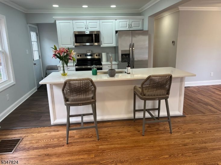 Interior, Kitchen, Recessed Lighting, Stainless Steel Appliances, Wood Texture Flooring
