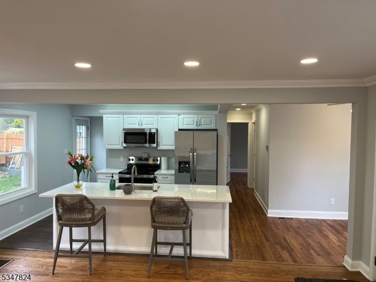 Interior, Kitchen, Recessed Lighting, Stainless Steel Appliances, Wood Texture Flooring