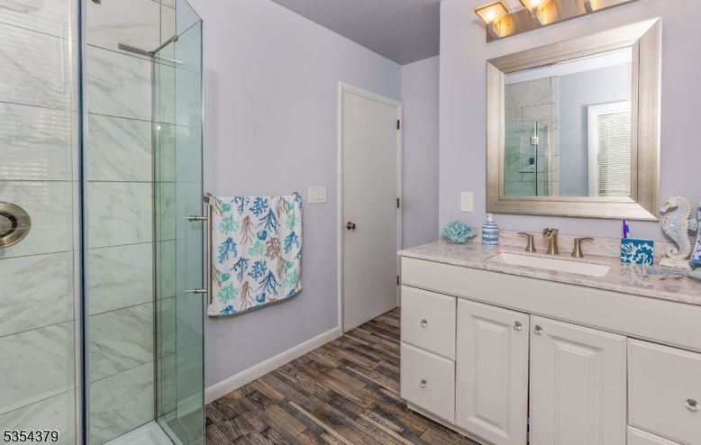 Bathroom, Glass Shower, Interior, Wood Texture Flooring