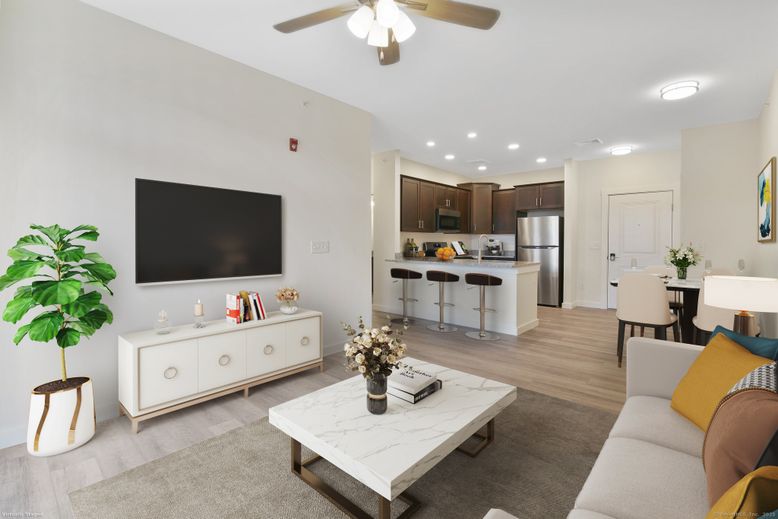 Dining room, Interior, Kitchen, Living room, Recessed Lighting, Stainless Steel Appliances, Wood Texture Flooring