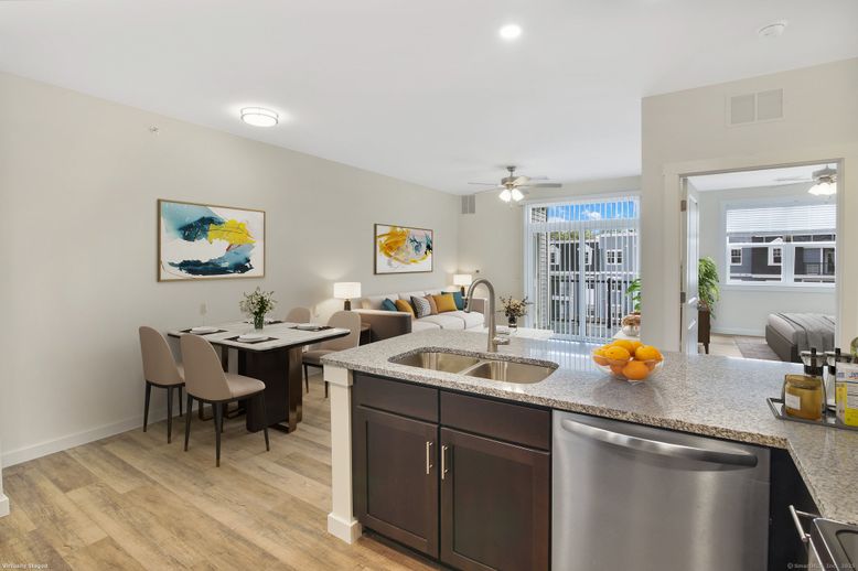 Dining room, Interior, Kitchen, Living room, Recessed Lighting, Wood Texture Flooring