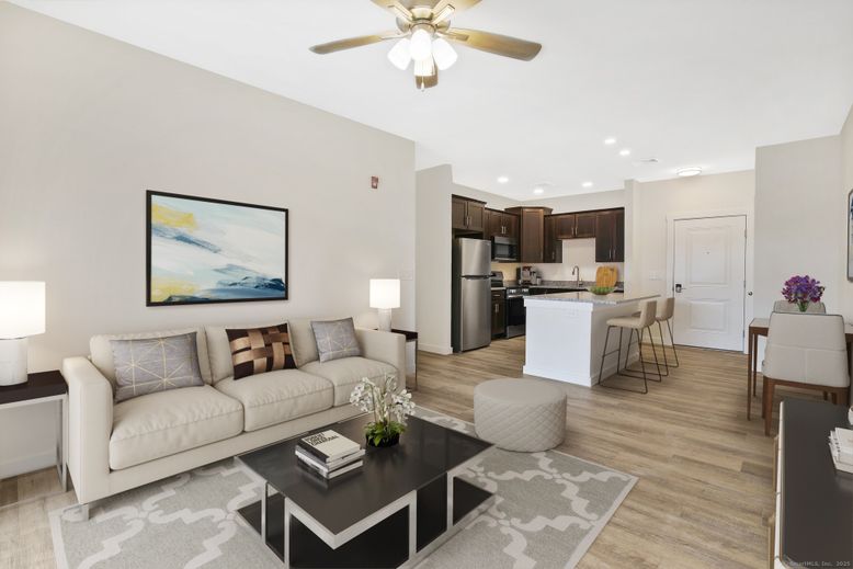 Dining room, Interior, Kitchen, Living room, Recessed Lighting, Stainless Steel Appliances, Wood Texture Flooring