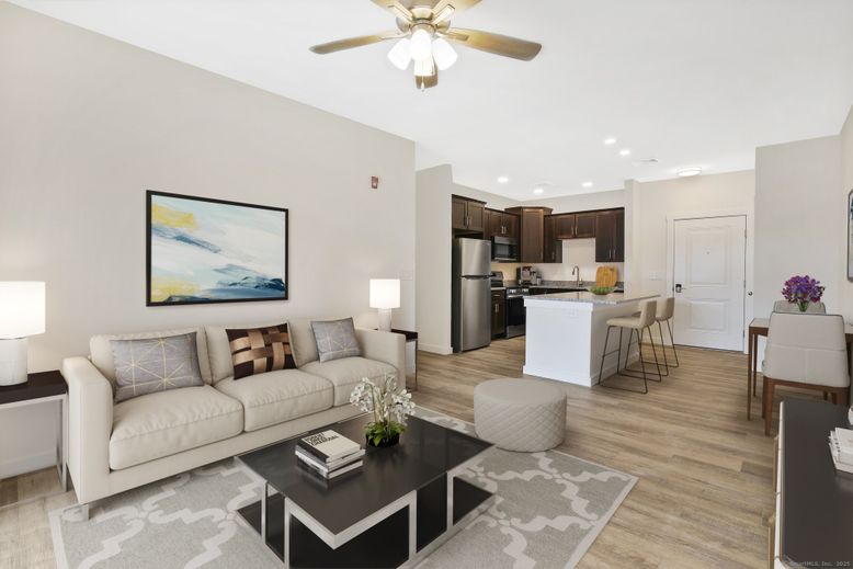 Dining room, Interior, Kitchen, Living room, Recessed Lighting, Stainless Steel Appliances, Wood Texture Flooring