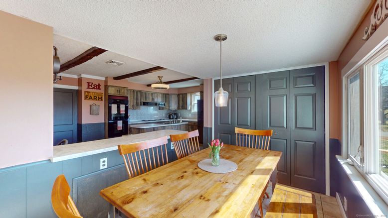 Dining room, Interior, Kitchen, Pendant Lights, Stainless Steel Appliances, Wood Texture Flooring