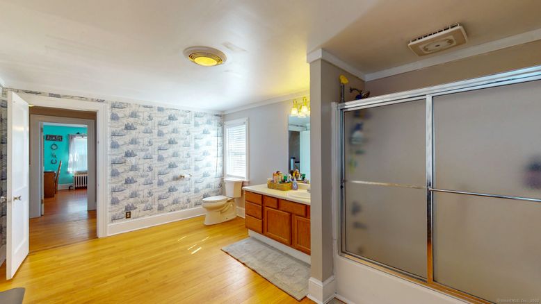 Bathroom, Glass Shower, Interior, Wood Texture Flooring