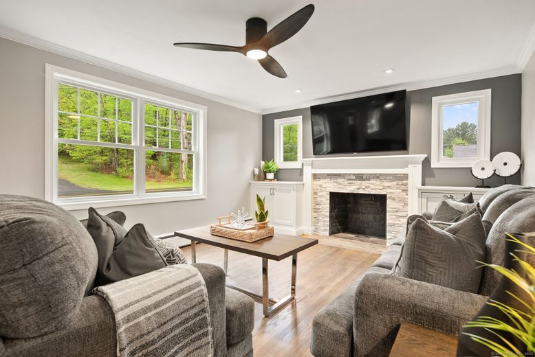 Fireplace, Interior, Living room, Recessed Lighting, Wood Texture Flooring