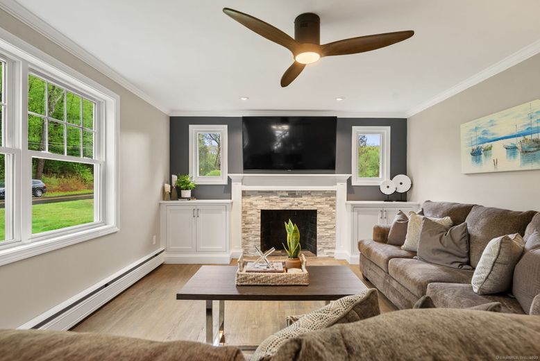 Fireplace, Interior, Living room, Recessed Lighting, Wood Texture Flooring