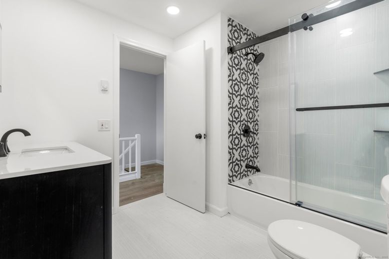 Bathroom, Glass Shower, Interior, Recessed Lighting, Wood Texture Flooring